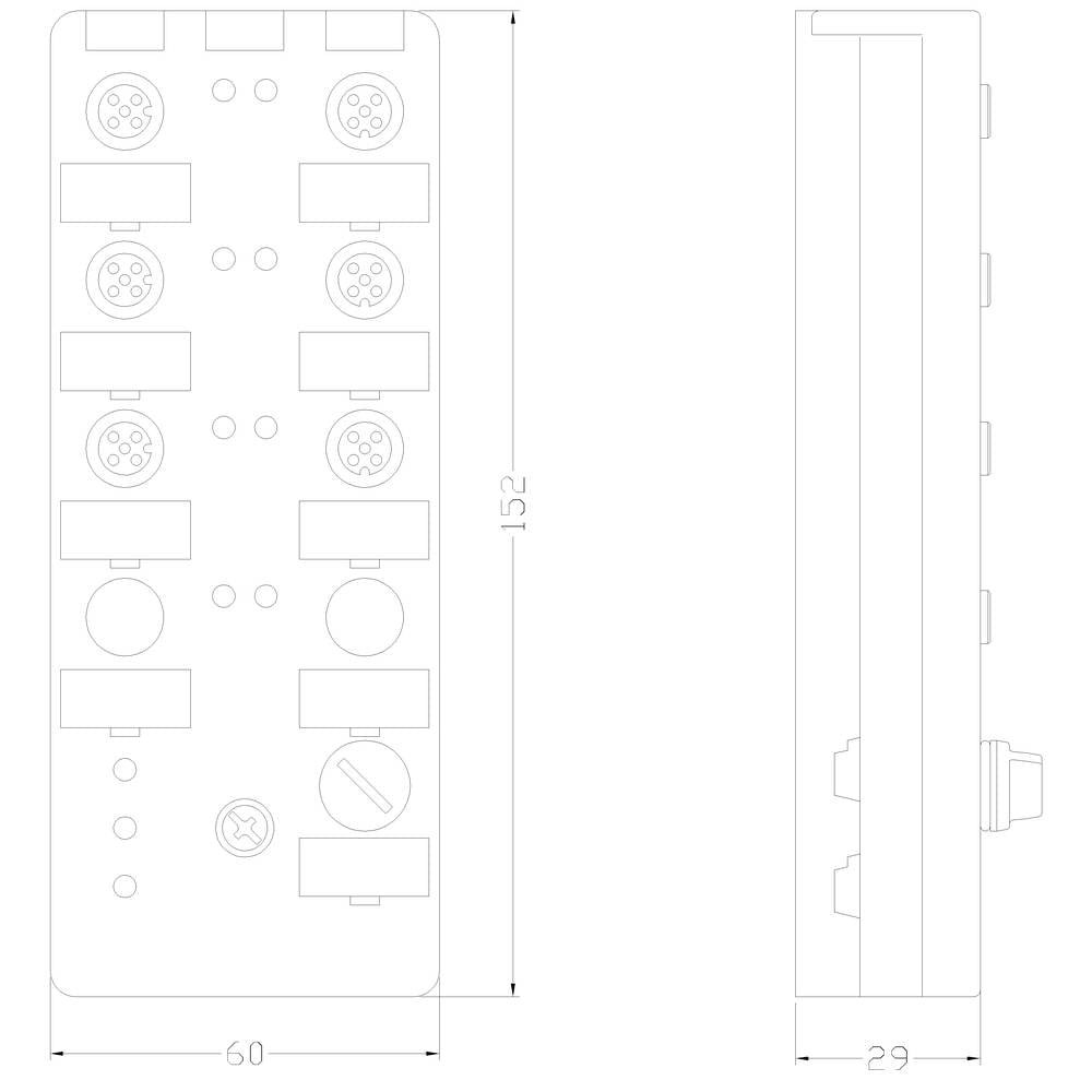 Dessin technique d'un dispositif rectangulaire avec les dimensions suivantes : 60 mm de largeur, 152 mm de longueur. La vue latérale montre une épaisseur de 29 mm.