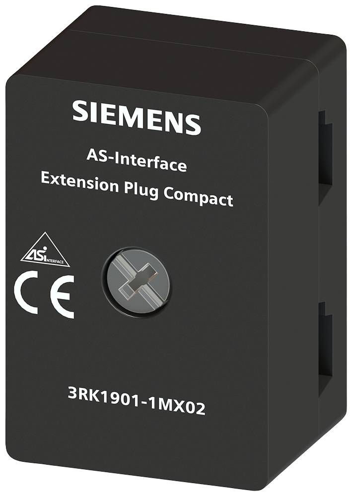 Connecteur d'extension noir Siemens pour AS-Interface, compact, avec marquage CE et référence de type '3RK1901-1MX02'.