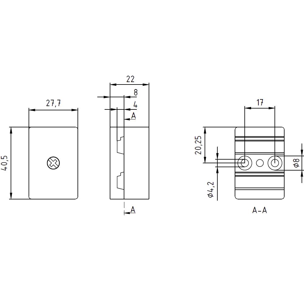 Dessin technique d'un composant rectangulaire avec les dimensions suivantes : largeur 27,7 mm, hauteur 40,5 mm. Perçages et découpes représentés en détail.