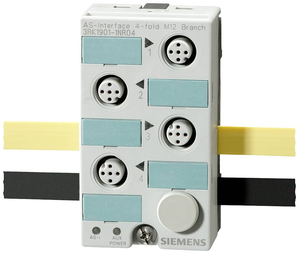 Appareil industriel doté de quatre connexions M12, numérotées de 1 à 4, et d'un bouton rotatif. Le nom de marque 'Siemens' est visible.