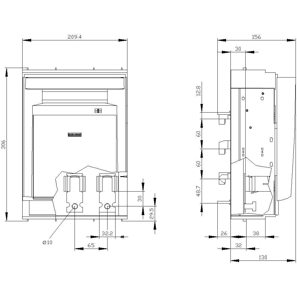 Dessin technique d'un appareil avec des dimensions en millimètres. Les vues de face et de côté montrent les détails et les connexions.