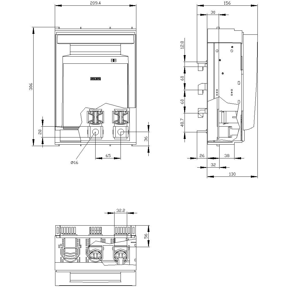 Dessin technique d'un interrupteur électrique avec vue de face, latérale et de dessus. Dimensions indiquées en millimètres.