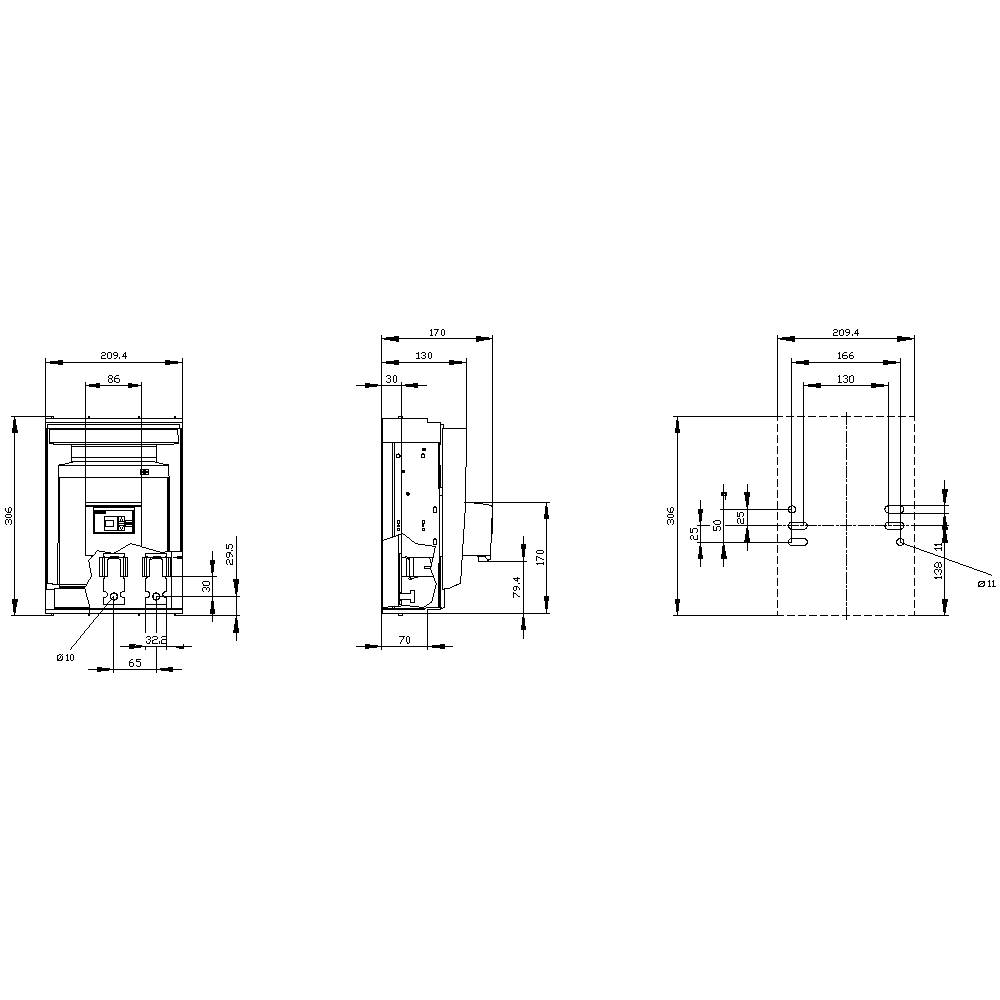 Dessin technique d'un appareil électronique avec vue de face et vue latérale. Les dimensions et les espacements sont indiqués en détail.