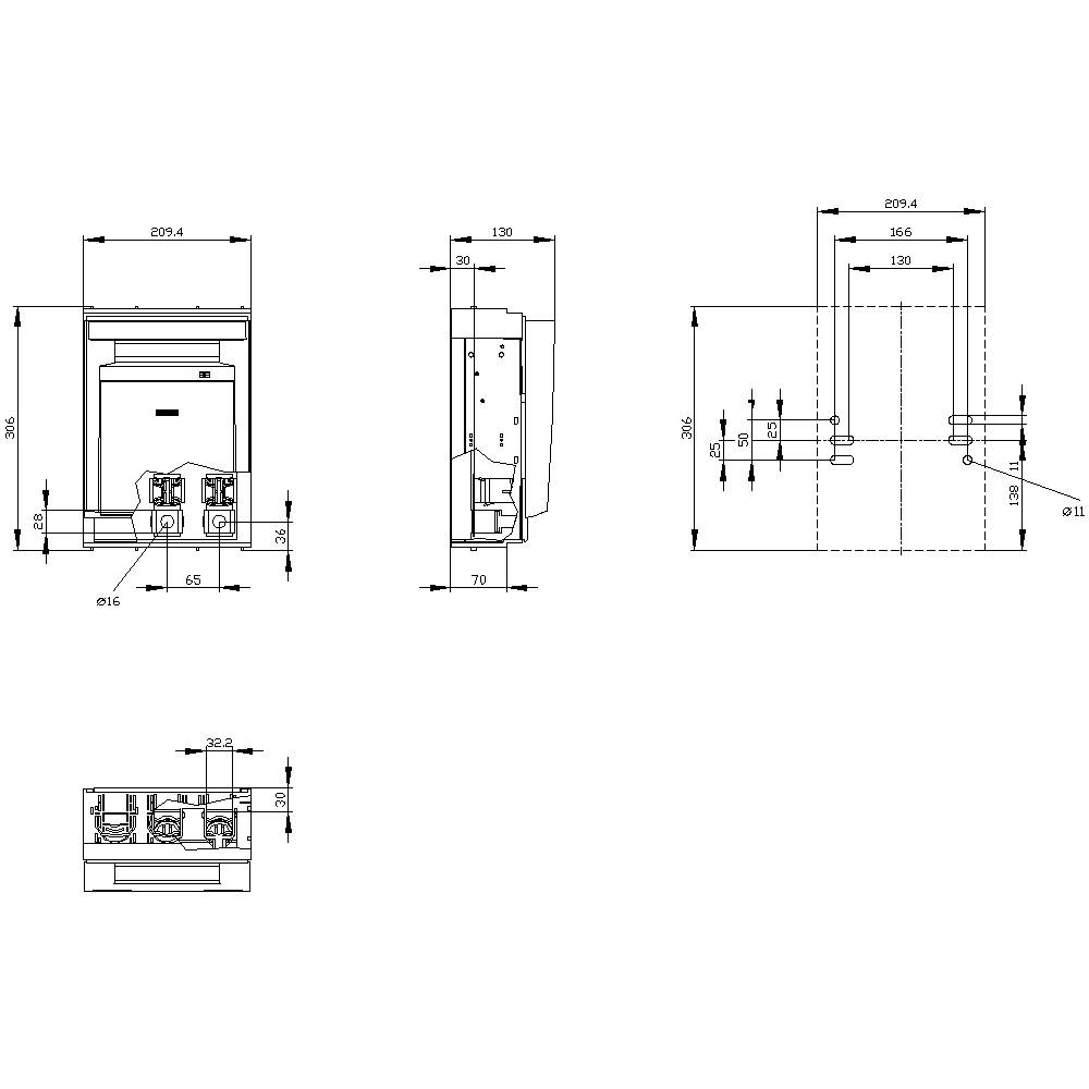 Dessin technique d'un appareil encastrable avec vue de face, latérale et de dessus. Les dimensions en millimètres facilitent l'installation.