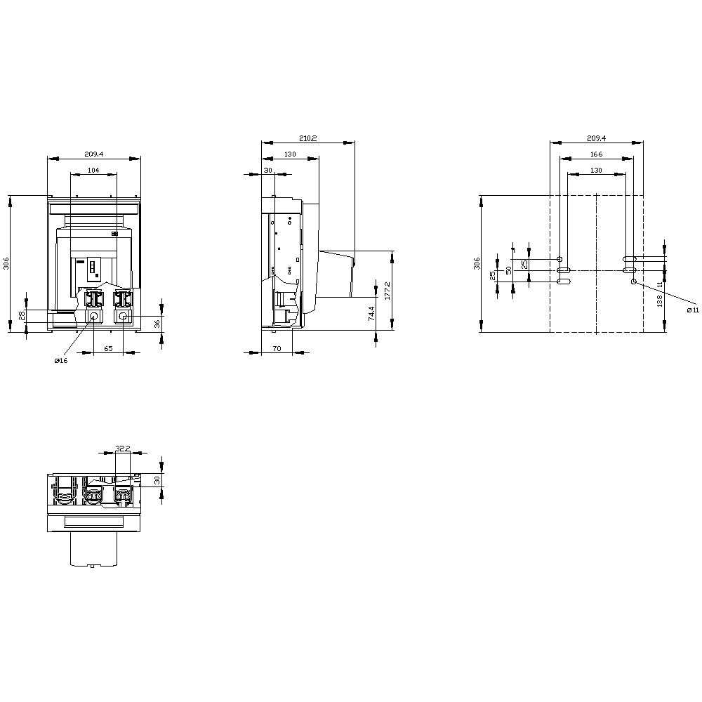 Dessin technique d'un appareil électrique avec dimensions. Vues de face, de côté et de dessus représentées, dimensions en mm.