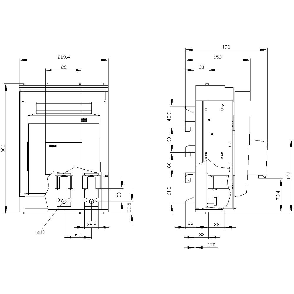 Dessin technique d'un boîtier électrique avec dimensions en millimètres. Vue de face et vue latérale avec cotes détaillées.