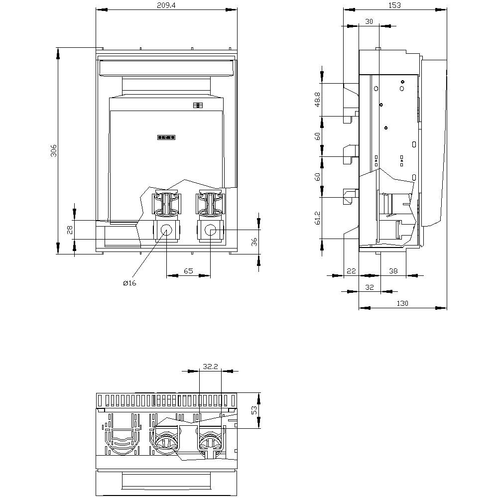 Dessin technique d'un composant électronique avec différentes vues et dimensions détaillées en millimètres.