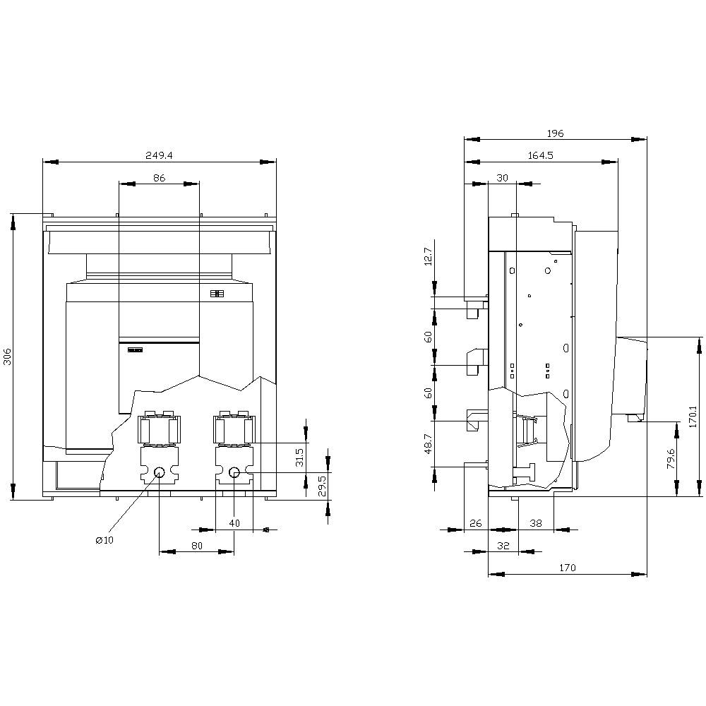 Dessin technique d'un appareil avec vue de face et vue latérale. Dimensions indiquées en millimètres. Détails techniques importants mis en évidence.