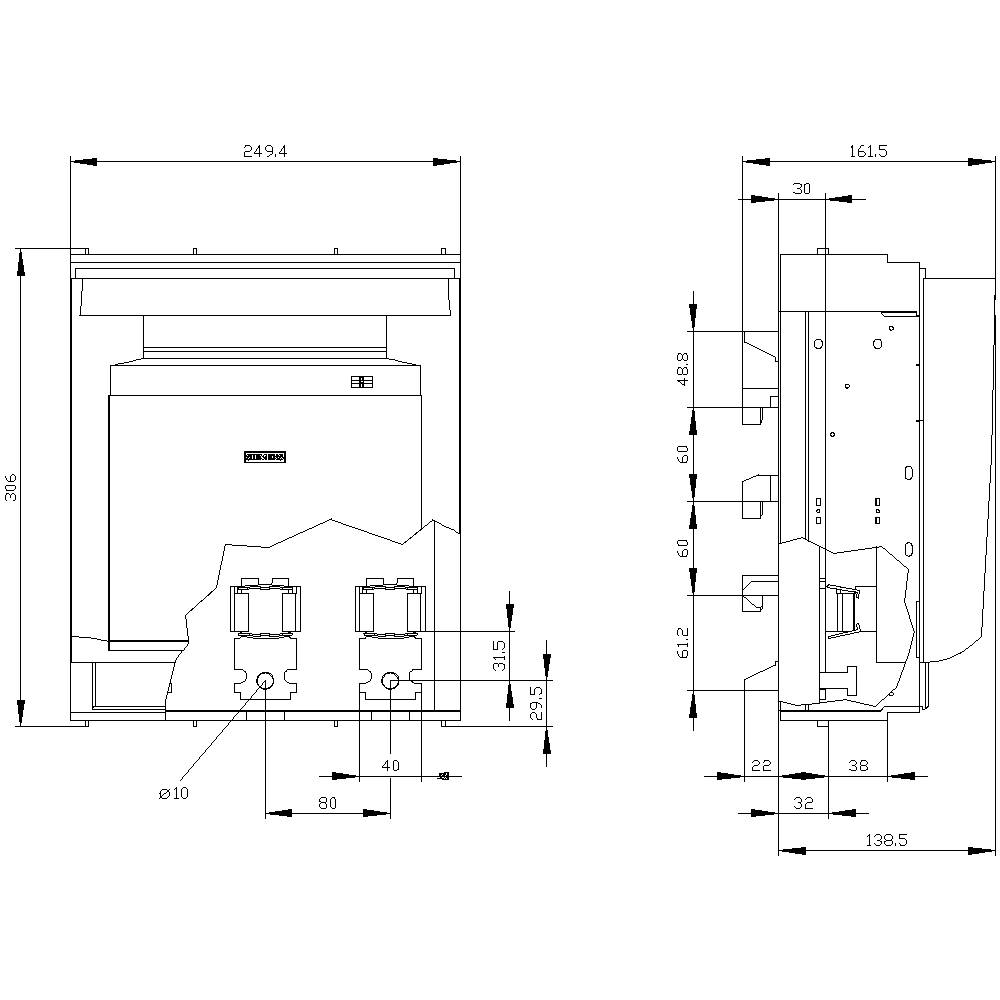 Dessin technique d'un appareil électrique avec vue de face et vue latérale. Dimensions indiquées en millimètres pour une illustration détaillée.