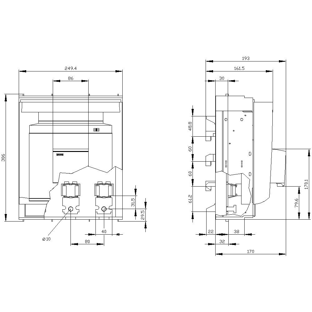 Dessin technique d'un appareil avec vue de face et vue latérale, dimensions indiquées en millimètres. Les composants principaux et les dimensions sont détaillés.