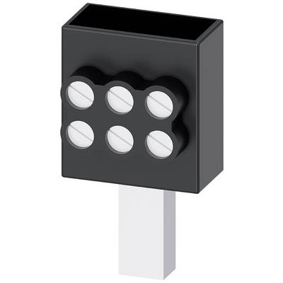 Boîtier rectangulaire noir avec cinq vis circulaires argentées sur la façade, monté sur une tige blanche.