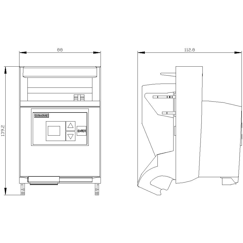 Dessin technique d'une machine avec vue frontale et vue latérale, incluant les dimensions : largeur 88 et 112,8, hauteur 139,2.