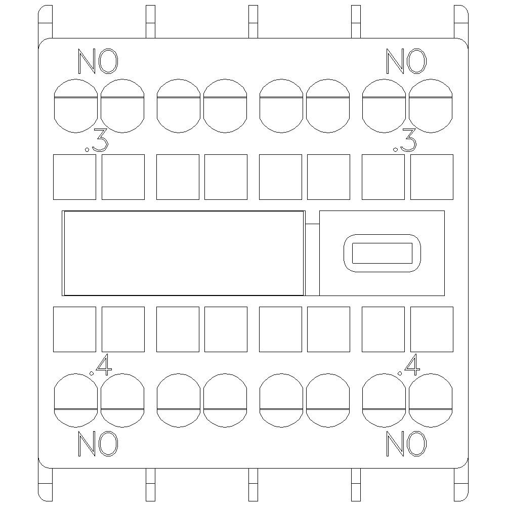 Dessin d'un composant électrique avec plusieurs points de connexion rectangulaires et circulaires, portant les étiquettes 'NO' et les chiffres '.3' et '.4'.