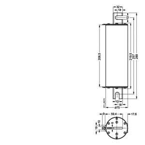 Dessin technique d'un objet cylindrique avec les dimensions suivantes : 208,5 mm de longueur, 75 mm de diamètre. Vue de côté et vue de dessus représentées.