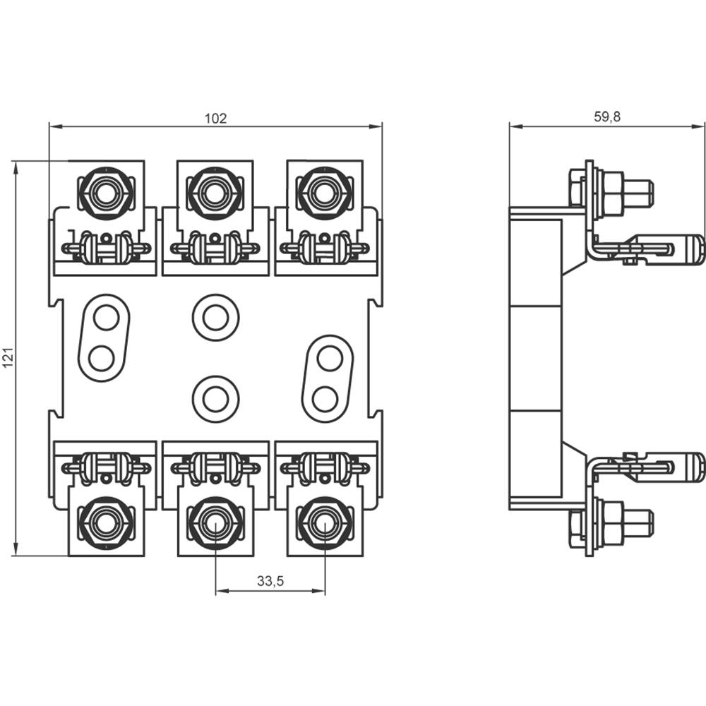Dessin technique d'une connexion électrique à six bornes. Vue de face et vue latérale avec dimensions détaillées.