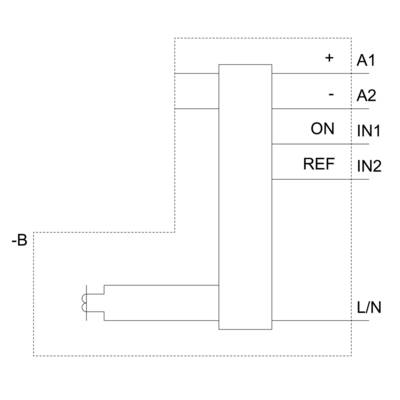Schéma de câblage d'un module électronique avec bornes : A1, A2, IN1, IN2, REF, L/N. Illustre les connexions et les circuits électriques.