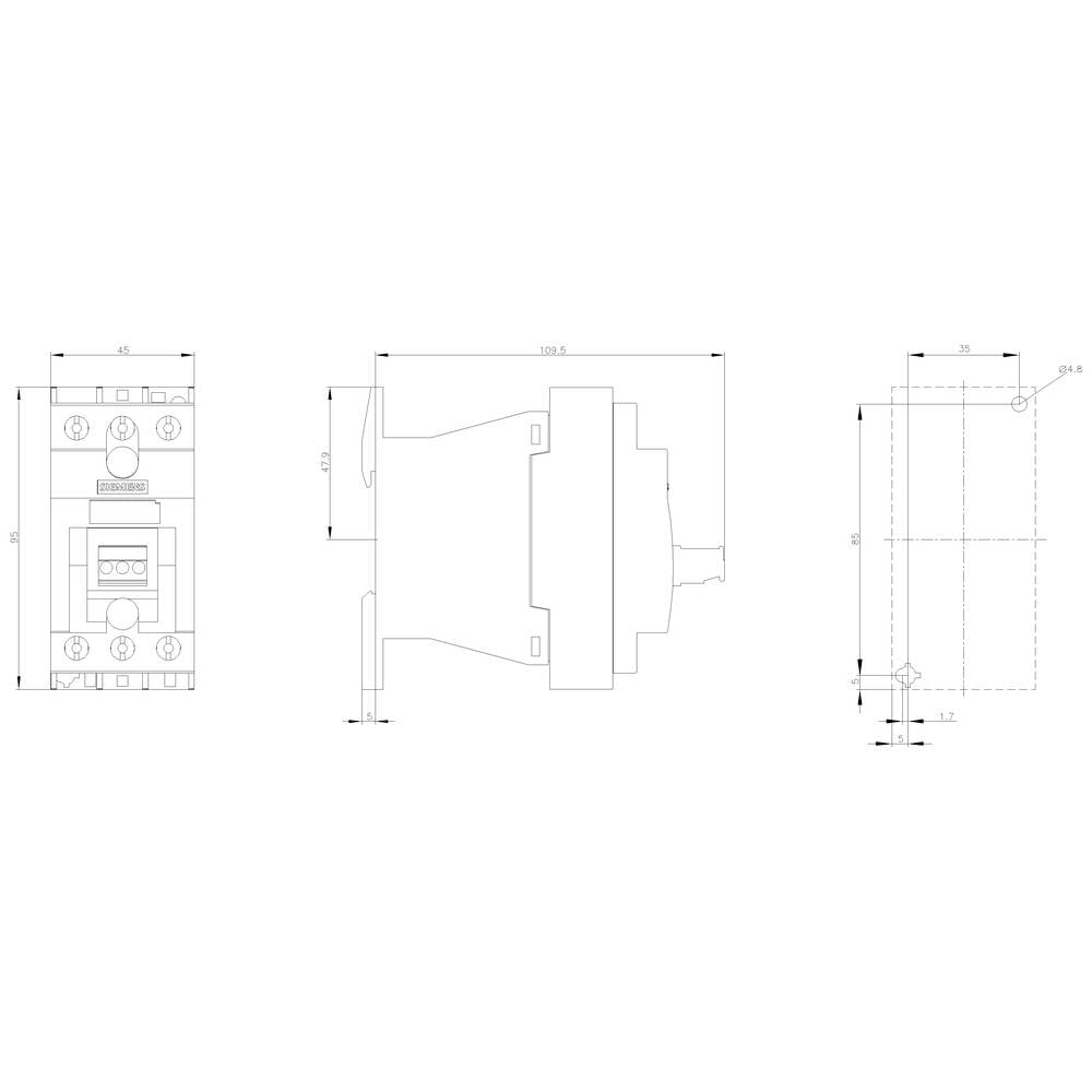 Dessin technique d'un interrupteur électrique avec dimensions en trois vues : face avant, côté, vue de dessus.