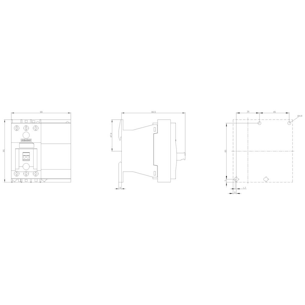 Dessin technique d'un interrupteur électrique avec vues de face, de côté et de dessus. Dimensions et points de montage sont indiqués.
