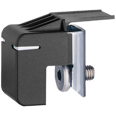 Une pièce en plastique noir, rectangulaire, avec un mécanisme de fixation métallique, probablement utilisée à des fins de fixation.