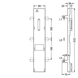 Dessin technique d'une pièce métallique avec dimensions en millimètres. Vue de face et vue latérale avec longueur de 572 mm, largeur de 99 mm.