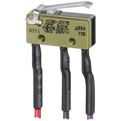Un interrupteur électrique miniature avec un levier métallique, des bornes de câblage et des spécifications imprimées : 250V, 15A, logo du fabricant.