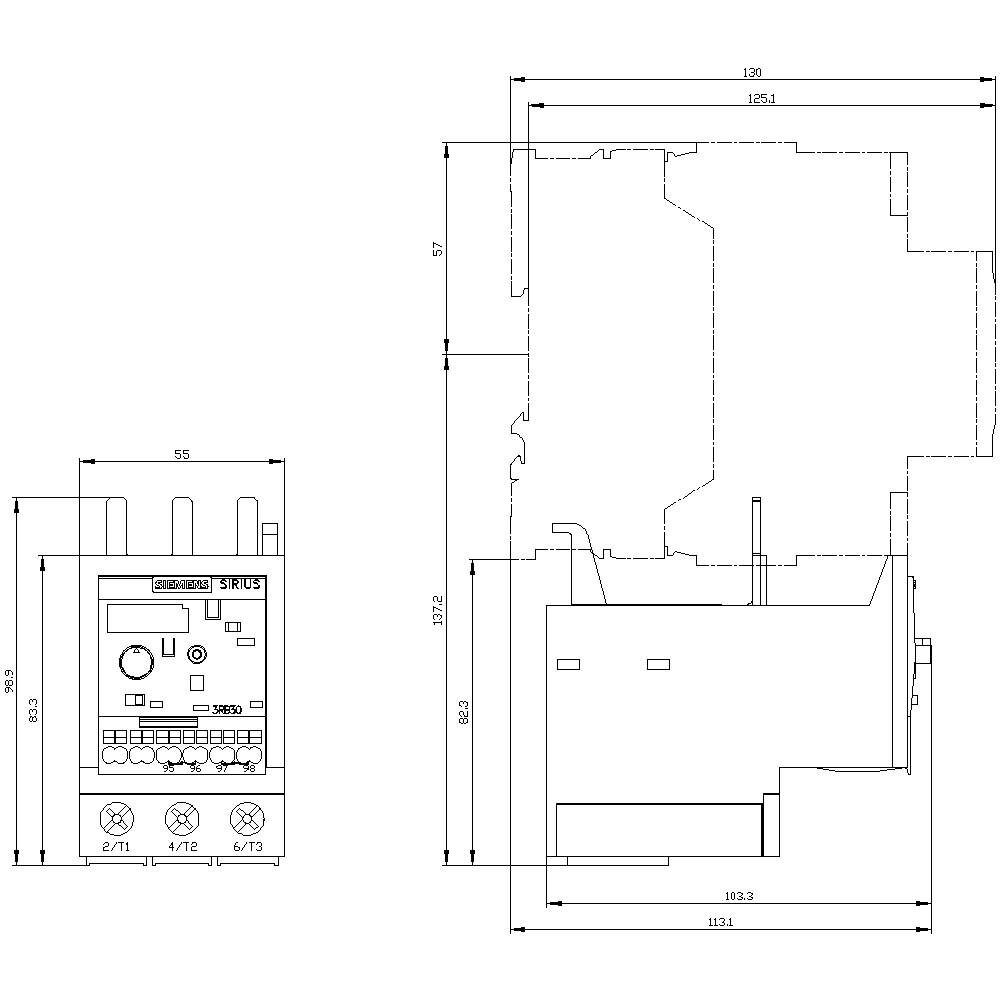 Dessin technique d'un composant électrique avec vue de face et vue latérale. Les dimensions et les connexions sont indiquées en détail.