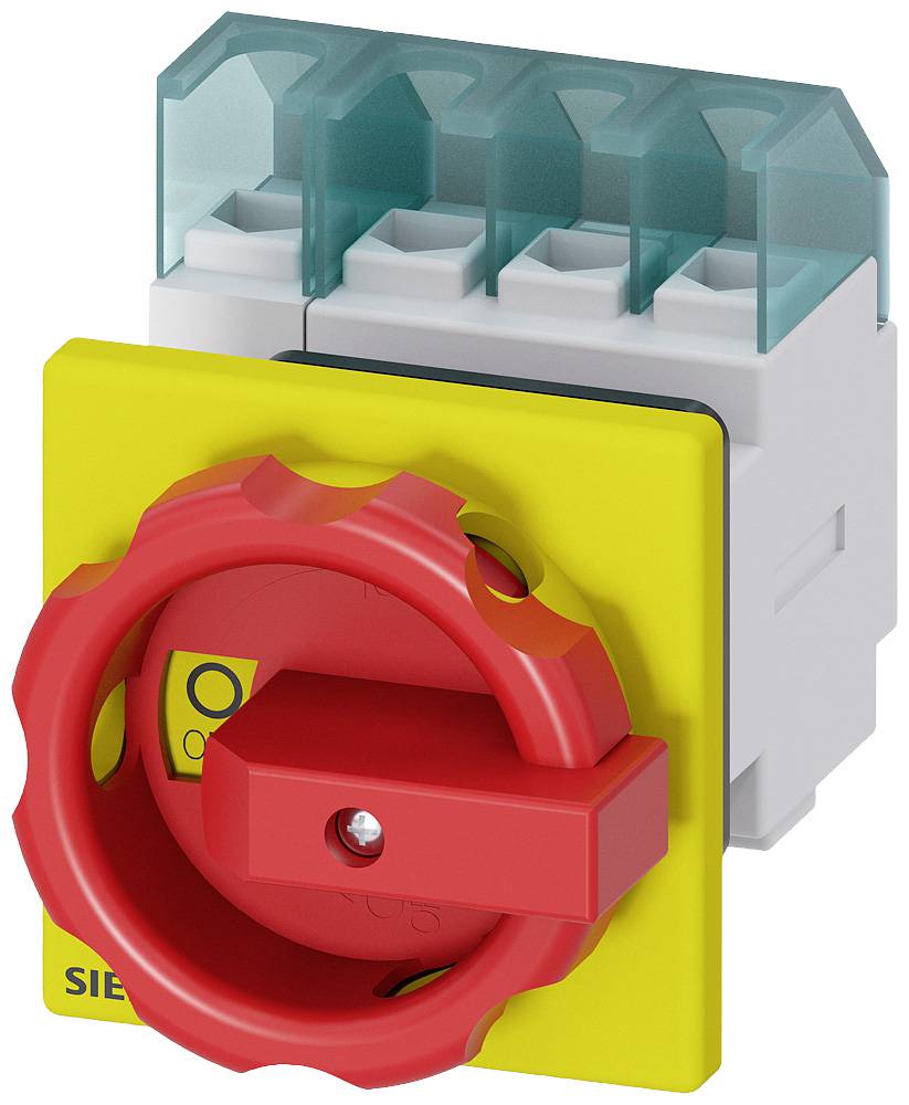 Un bouton d'arrêt d'urgence électrique en jaune et rouge avec un boîtier de protection transparent.