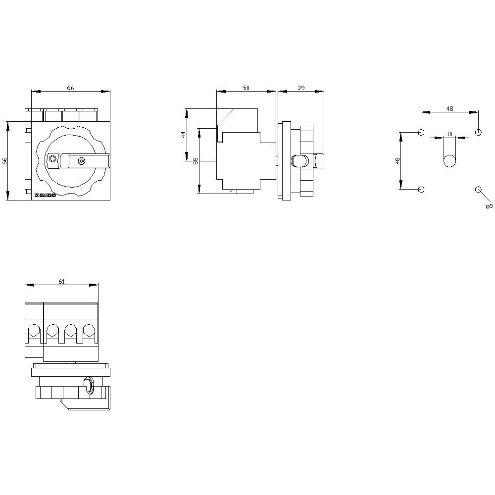 Dessin technique d'un interrupteur électrique avec dimensions : 66x41 mm, diamètre de perçage 10 mm, quatre points de connexion représentés.