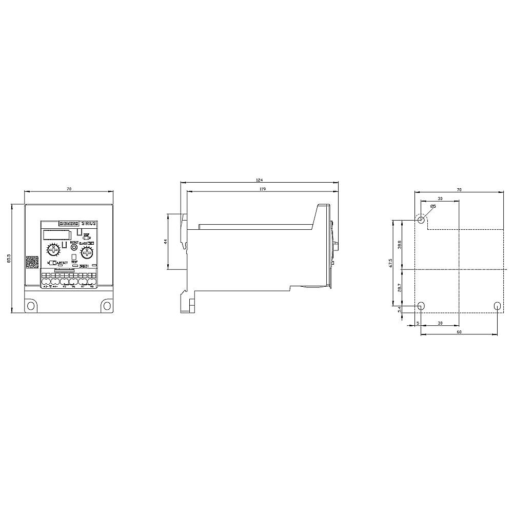 Dessin technique d'un appareil avec trois vues : vue de face, vue latérale, vue de dessus. Dimensions et détails du système de commande électronique.