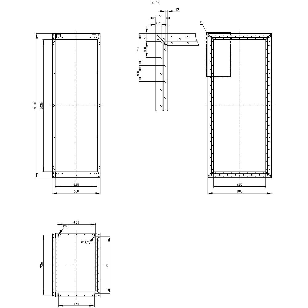 Dessin technique d'un cadre rectangulaire avec dimensions et détails de fixation. Comprend des vues latérales et frontales.