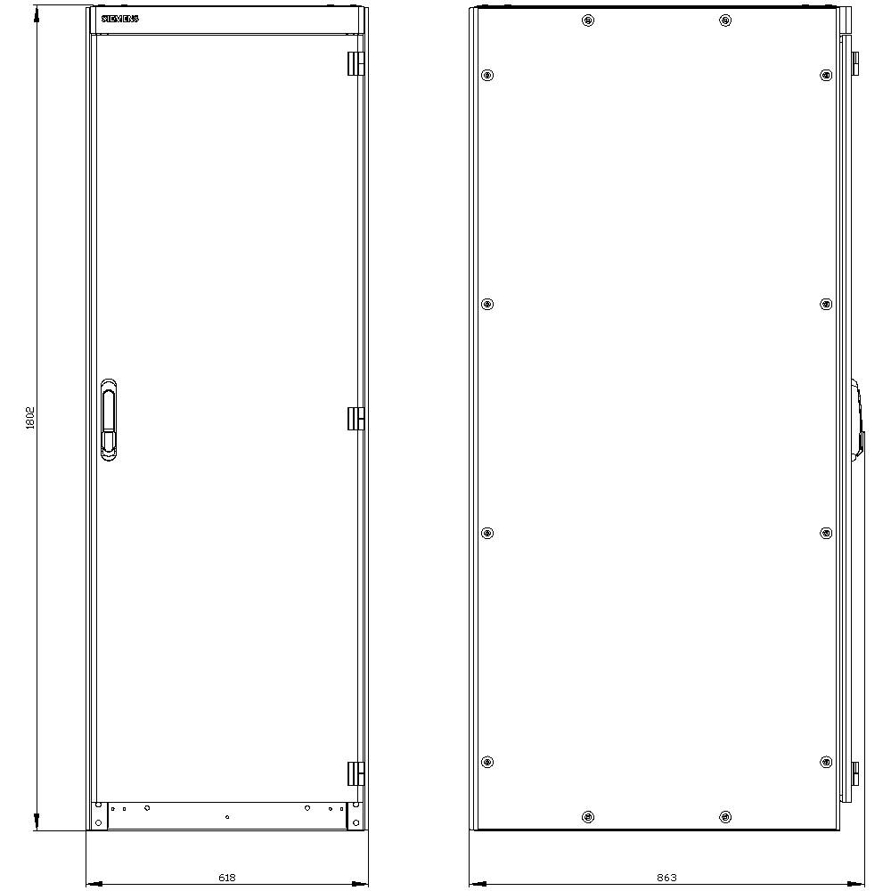 Un diagramme technique présente la vue de face et la vue latérale d'un boîtier rectangulaire avec ses dimensions et points de fixation.