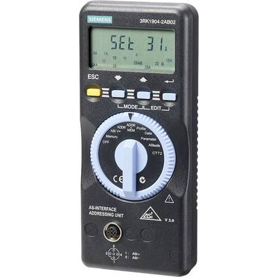 Un appareil d'adressage Siemens AS-Interface avec un boîtier noir, un écran en haut, un commutateur rotatif au centre et plusieurs éléments de commande.