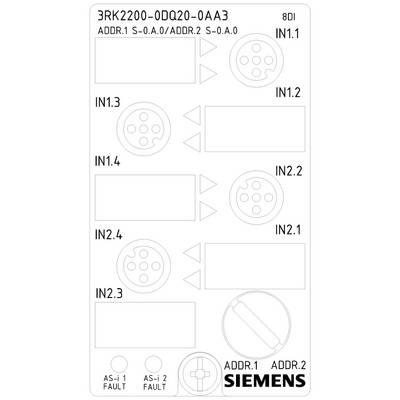 Étiquette de couverture pour Siemens 3RK2200-0DQ20-0AA3. Comprend des indicateurs pour les entrées d'adresse IN1.1 à IN2.2, les réglages ADDR.1 et ADDR.2, et les indicateurs de défaut.