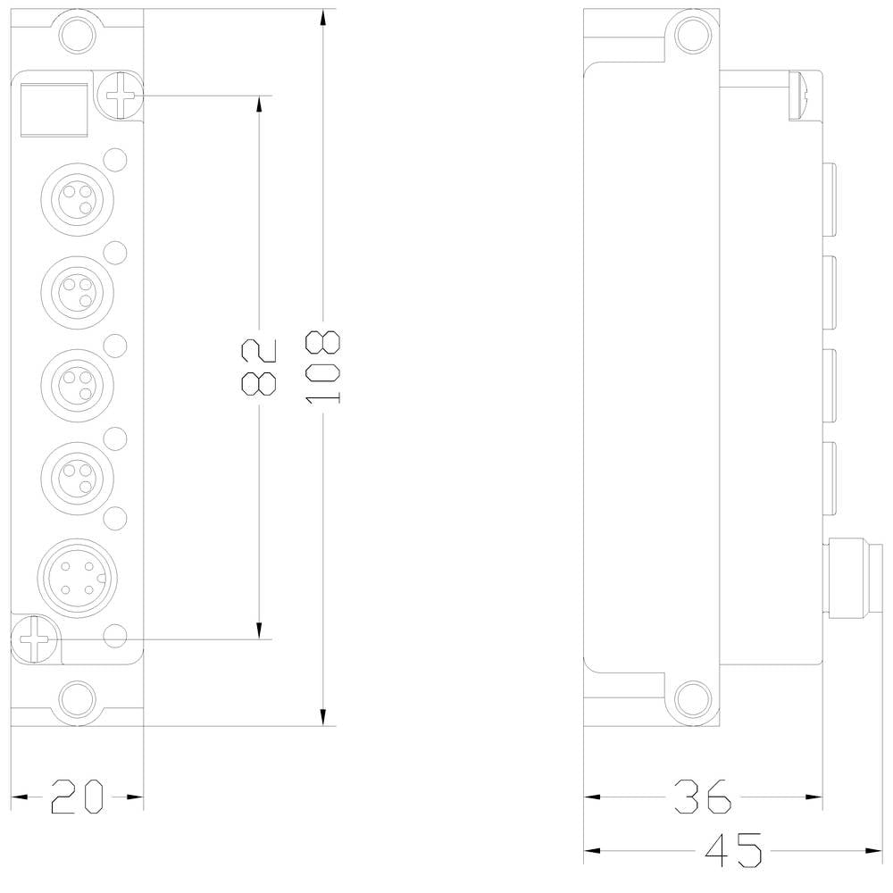 Dessin technique d'une fiche rectangulaire avec plusieurs raccordements circulaires sur le côté gauche et des indications dimensionnelles en millimètres.