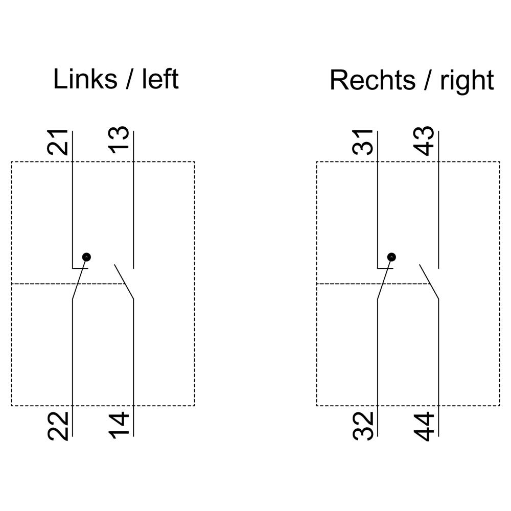 Diagramme montrant le schéma dentaire : À gauche : dents 21, 22 en haut ; 13, 14 en bas. À droite : dents 31, 32 en haut ; 43, 44 en bas. Des traits relient les dents.