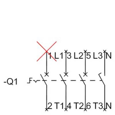 Schéma de circuit avec contacteur : entrées L1, L2, L3 en haut ; sorties T1, T2, T3 en bas. 'L1' marqué d'une croix rouge.