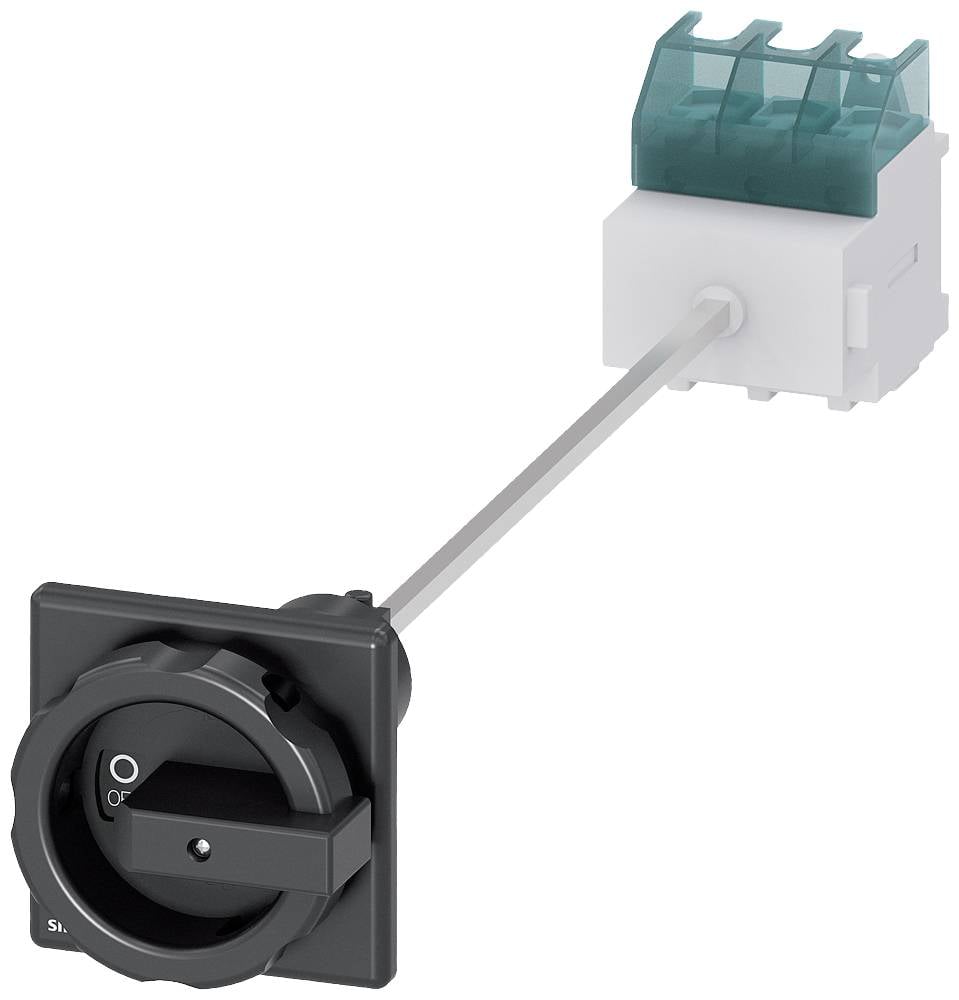 Commutateur rotatif avec façade avant carrée noire et connexion verte. Adapté aux applications de commande électrique.