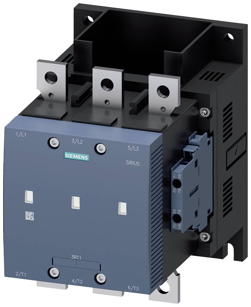 Un contacteur électrique tripolaire de Siemens avec un panneau frontal bleu distinctif et des bornes de connexion pour applications industrielles.