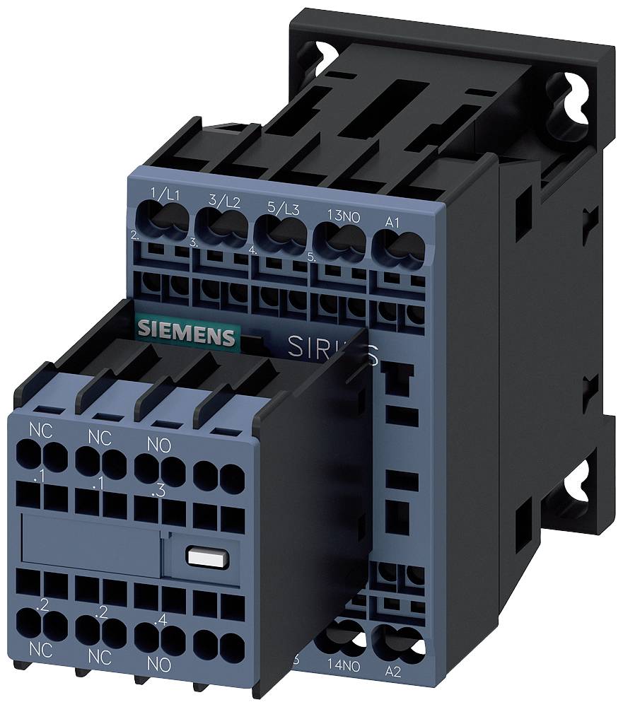 Un dispositif de commutation électrique de Siemens, spécifiquement un disjoncteur de la série SIRIUS, doté de plusieurs bornes à l'avant.