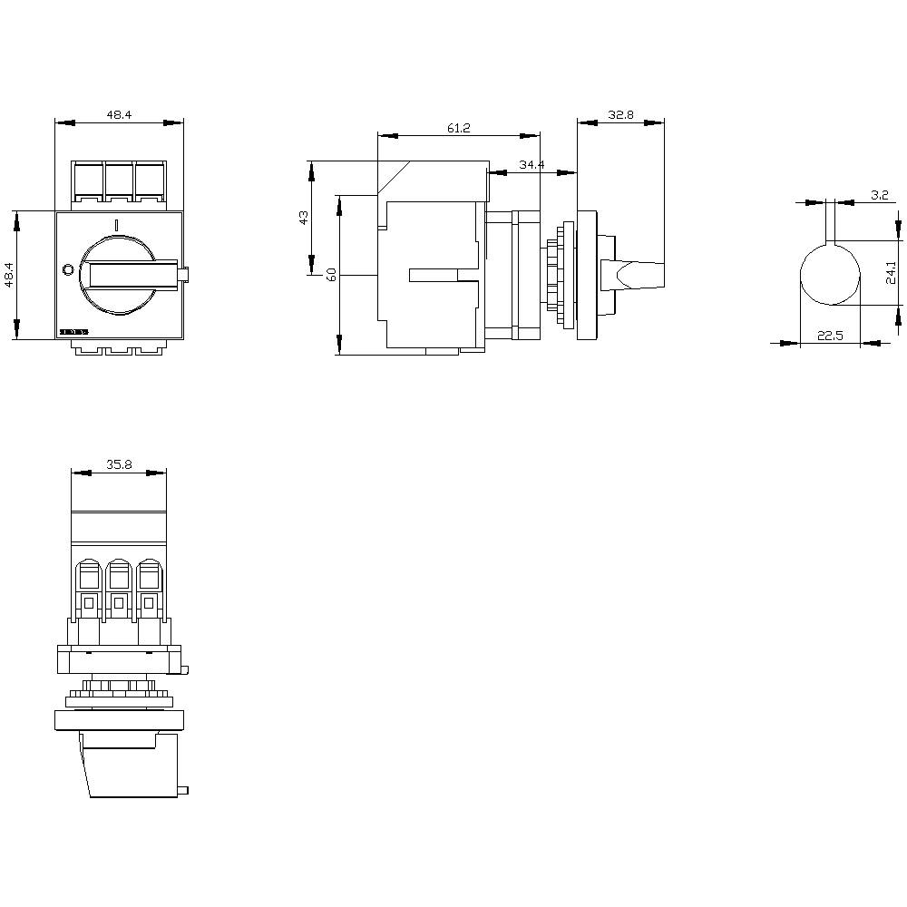 Dessin technique montrant les dimensions et les vues latérales d'un interrupteur électrique, comprenant les vues de face, de côté et de dessus.
