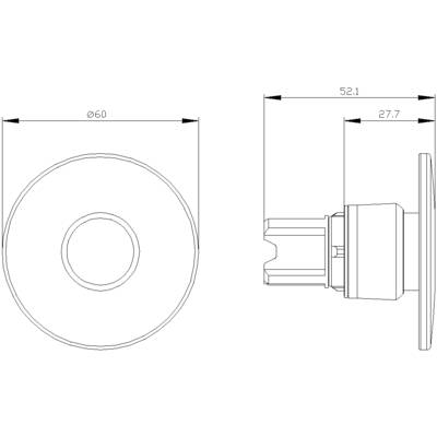'Dessin technique d'un objet rond avec vue latérale. Diamètre 60 mm, longueur 52,1 mm, profondeur 27,7 mm.'