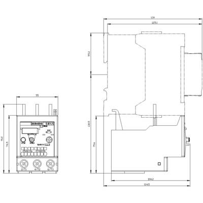 Dessin technique d'un dispositif électronique avec des dimensions détaillées en millimètres. Les vues de face et de côté sont représentées.