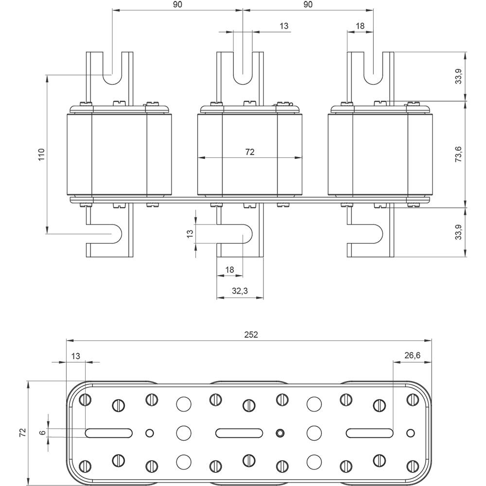 Dessin technique d'un composant électrique, composé de trois modules identiques sur une plaque de base, avec des indications de dimensions précises.
