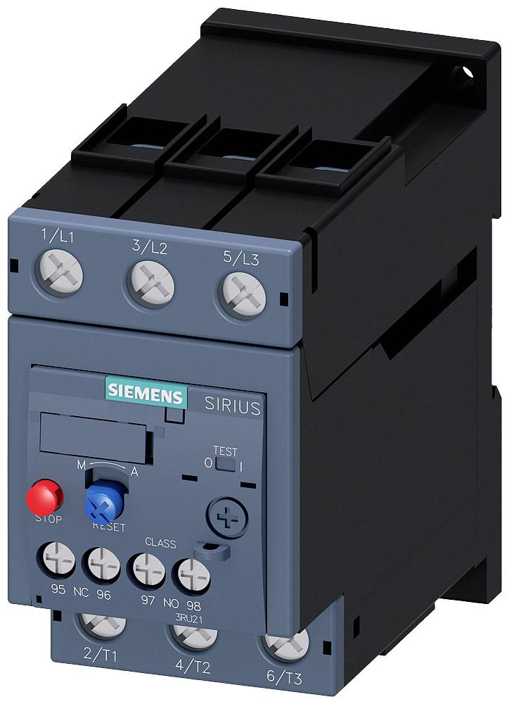 Un contacteur industriel dans un coffret avec le logo Siemens. La partie supérieure comporte des bornes pour trois phases (1/L1, 3/L2, 5/L3), la partie inférieure pour les sorties (2/T1, 4/T2, 6/T3).