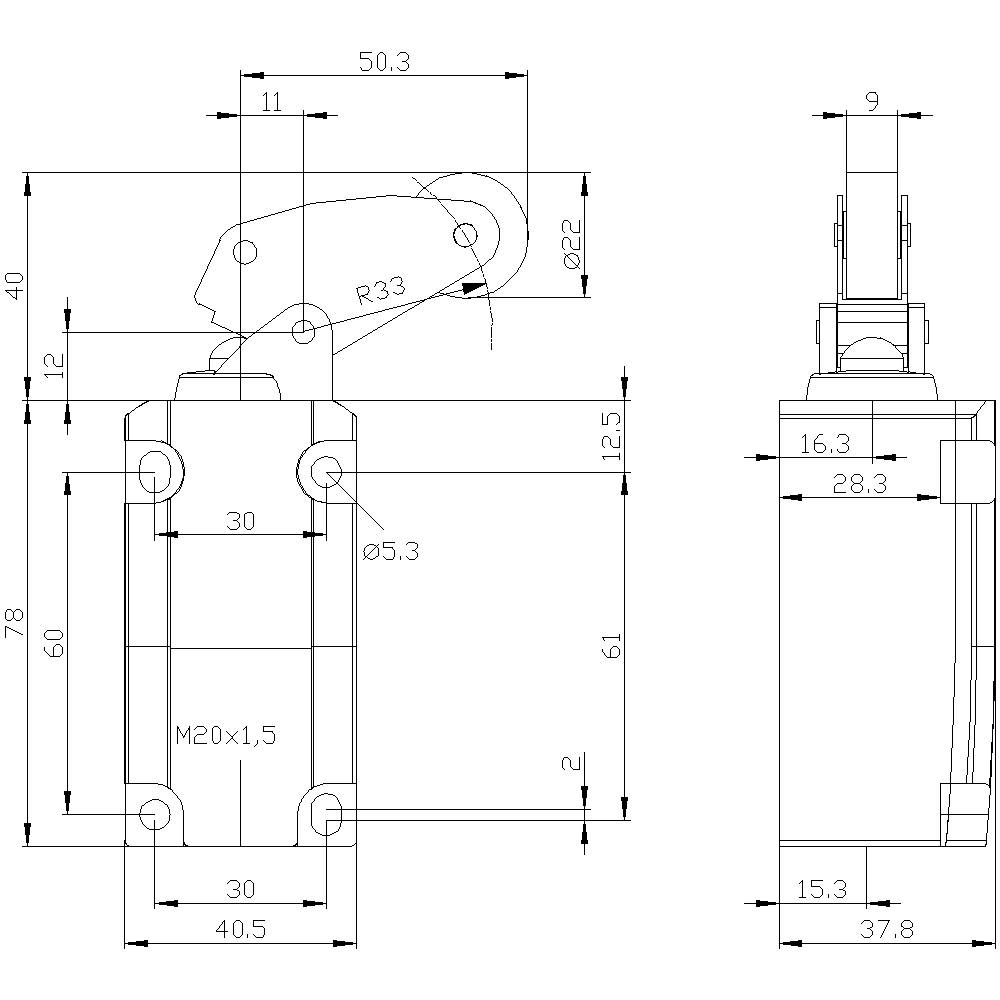 Dessin technique d'une pièce mécanique avec cotations en millimètres. Présente plusieurs vues et dimensions pour la fabrication.