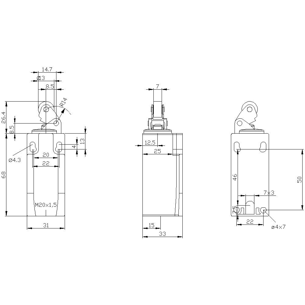 Dessin technique d'un cylindre avec trois vues : vue latérale, vue frontale et vue de dessus. Dimensions et annotations pour montage incluses.