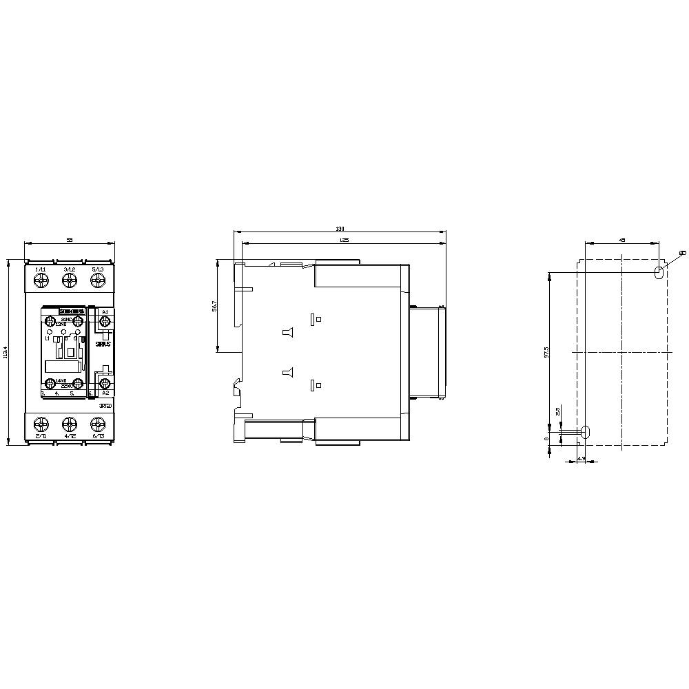 Dessin technique d'un composant rectangulaire avec des dimensions détaillées et des vues de trois côtés. Dimensions en millimètres.