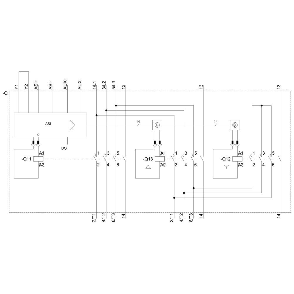'Schéma électrique avec trois interrupteurs (-Q11, -Q12, -Q13) et un module ASI. Connexions et raccordements entre les composants représentés.'