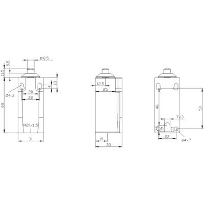 Dessin technique d'un composant cylindrique avec dimensions. Présente les vues de face, de côté et de dessus. Dimensions exprimées en millimètres.