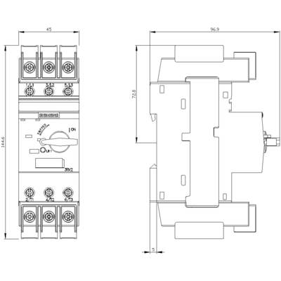 Dessin technique d'un appareil de commutation électrique avec vue frontale et latérale, indications dimensionnelles et bornes de raccordement.